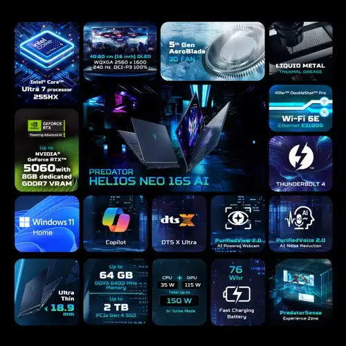 Acer PREDATOR HELIOS NEO 16S PHN16S-71 Core Ultra 7 255HX RTX 5060 16GB RAM 1TB SSD 16 inch AI Gaming Laptop - 10