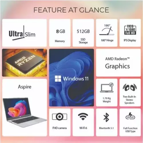 Acer Aspire 15 AS15-42 Ryzen 5 7430U 8GB RAM 512GB SSD 15.6 Inch FHD IPS Laptop (Pure Silver) - 7