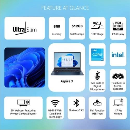 Acer Aspire 3 A325-53-i3 Intel 13th Gen Core i3-1305U 8GB RAM 512GB SSD 15.6 Inch Silver Laptop - 4