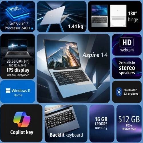 Acer Aspire 14 AS14H-53 Core 7 240H Intel 16GB RAM 512GB SSD 14 Inch WUXGA Laptop - 1