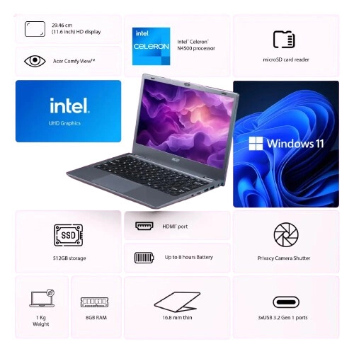 Acer Aspire 3 A311-45 Celeron N4500 8GB RAM 512GB SSD 11.6 Inch HD Laptop - 1