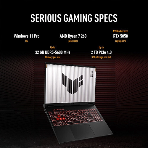 ASUS TUF Gaming A16 FA608UH-RV049W Ryzen 7 260 RTX 5050 8GB GPU 16-Inch FHD+ Gaming Laptop - 7