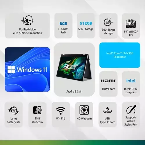 Acer Aspire 3 Spin A3SP14-31PT Core i3 N305 14" Touch Laptop - 3