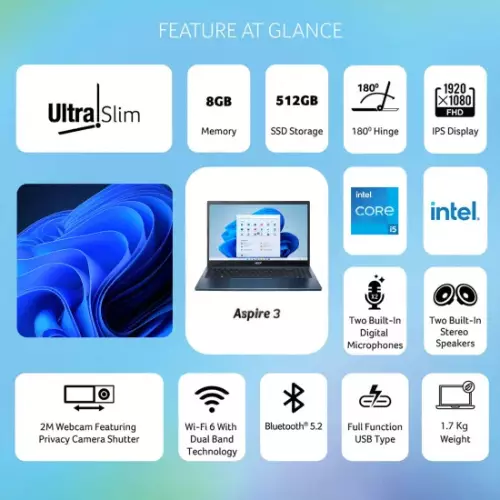 Acer Aspire 3 A325-53 13th Gen Intel Core i5 1334U 8GB DDR4 512GB SSD 15.6-inch FHD Laptop - 1