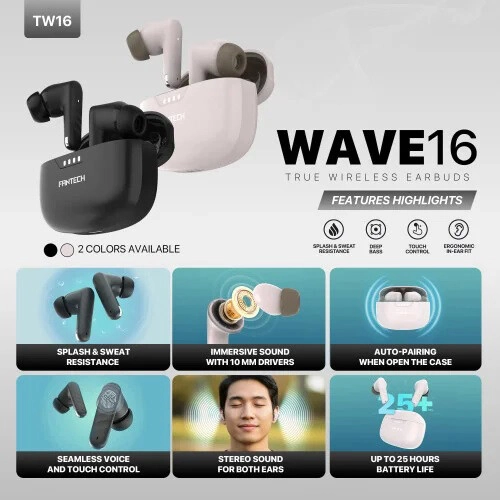 Fantech TW16 WAVE Bluetooth True Wireless Earbuds (White) - 1