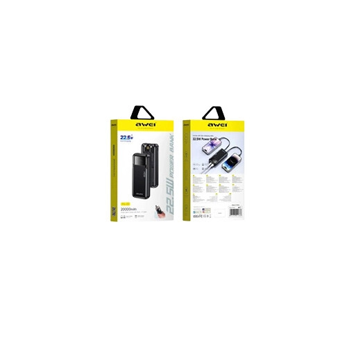 Awei PA‑93 22.5W Fast Charging 20000mAh Power Bank with Built‑in Dual Cables - 1