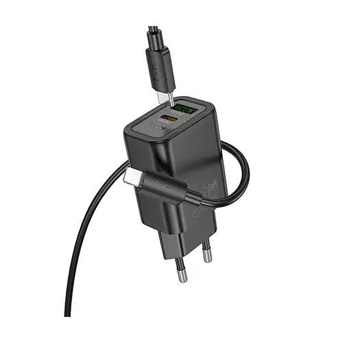 Hoco N63 30W PD QC3.0 Dual Port Fast Charging Adapter With Type-C to IP Cable - 1