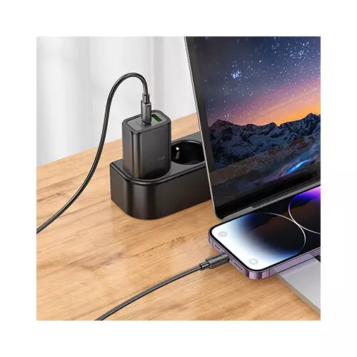 Hoco N63 30W PD QC3.0 Dual Port Fast Charging Adapter With Type-C to IP Cable - 2