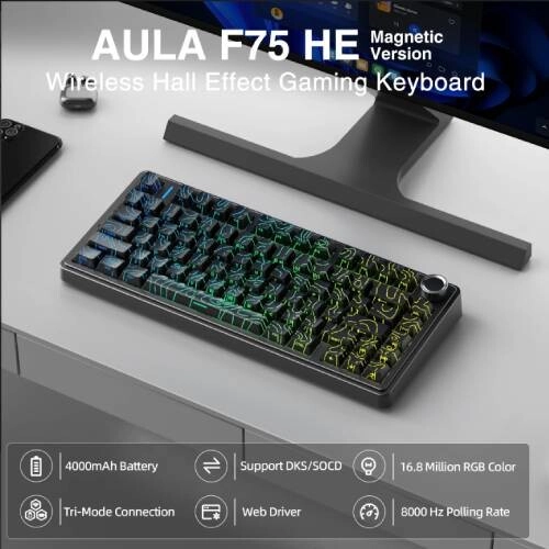 AULA F75 HE Hall Effect Tri-Mode Black Contour Gaming Keyboard - 2