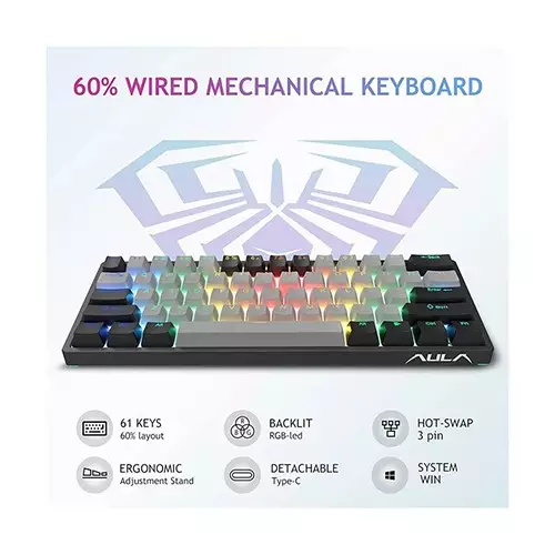 Aula F3261 RGB Hot Swap Blue Switch Wired Mechanical Gaming Keyboard (Black Gray)-3