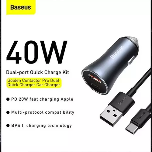 Baseus TZCCJD-0G 40W Dual Port Mini Car Charger with Type-C Cable-gallery-1