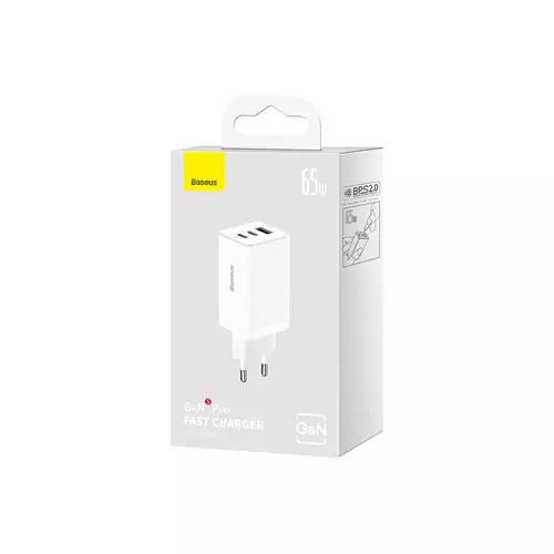 BASEUS CCGP120202 GAN5 PRO FAST CHARGER 2C+U 65W EU  WHITE TYPE-C  TO TYPE-C 100W 1M-gallery-2