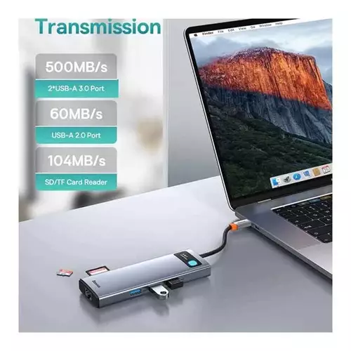 Baseus Type-C Male to Dual USB 3.0 Dual HDMI USB 2.0 SD Type-C Female Converter Gray - 2