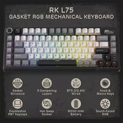 ROYAL KLUDGE RK L75 Hot Swappable Tri Mode Mechanical Gaming Keyboard - Mocha Grey - 1