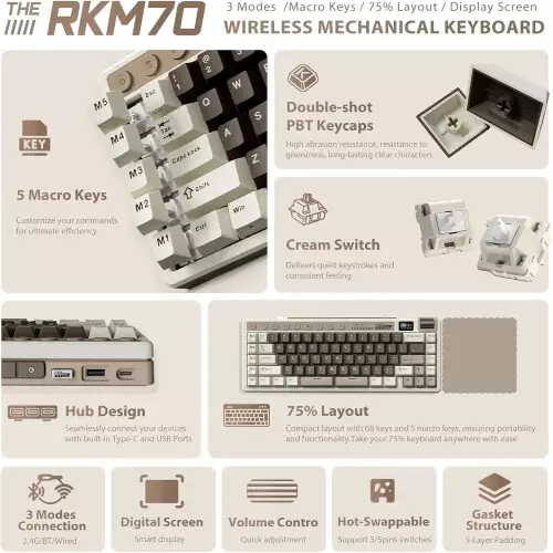 ROYAL KLUDGE RK M70 Hot Swappable Tri Mode Beige Switch Gaming Keyboard (Mocha Grey)-gallery-1