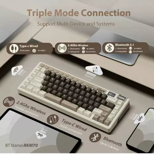 ROYAL KLUDGE RK M70 Hot Swappable Tri Mode Gaming Keyboard - Mocha Grey - 1