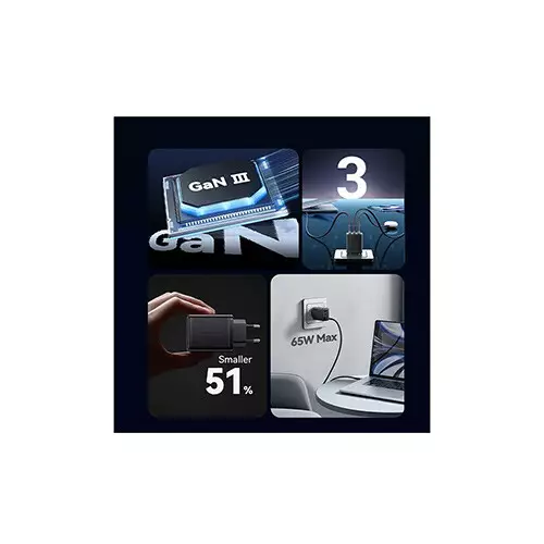 Vention FERB0-EU 3-Port USB & Dual USB-C 65W  GaN Charging Adapter - Black - 1