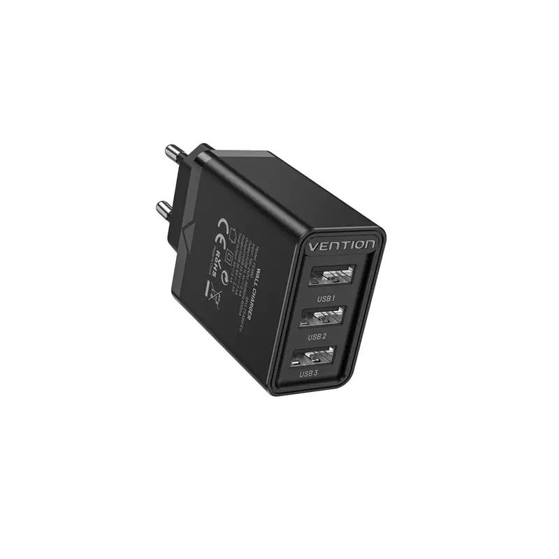 VENTION FEAB0-EU 3-PORT USB EU-PLUG BLACK WALL CHARGER