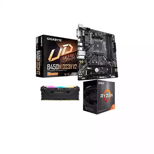 AMD RYZEN 5 5600 PROCESSOR GIGABYTE B450M DS3H V2 MOTHERBOARD CORSAIR VENGEANCE RGB PRO 8GB RAM COMBO