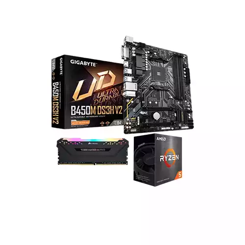 AMD RYZEN 5 5500 PROCESSOR GIGABYTE B450M DS3H V2 MOTHERBOARD CORSAIR VENGEANCE RGB PRO 8GB RAM COMBO