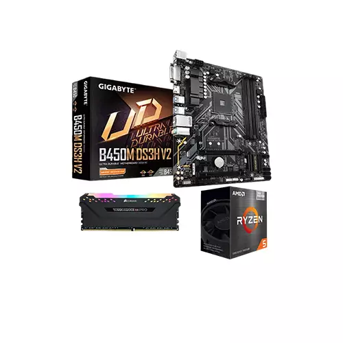 AMD RYZEN 5 5600G PROCESSOR GIGABYTE B450M DS3H V2 MOTHERBOARD CORSAIR VENGEANCE RGB PRO 8GB RAM COMBO