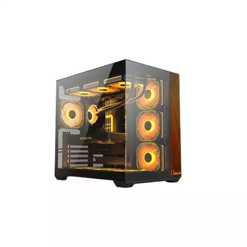 PC POWER DARK WOOD Mid Tower ATX Tempered Glass Desktop Case With 10 Pre-Installed Fans