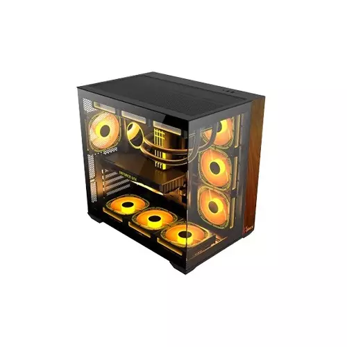 PC POWER DARK WOOD Mid Tower ATX Tempered Glass Desktop Case With 10 Pre-Installed Fans-1