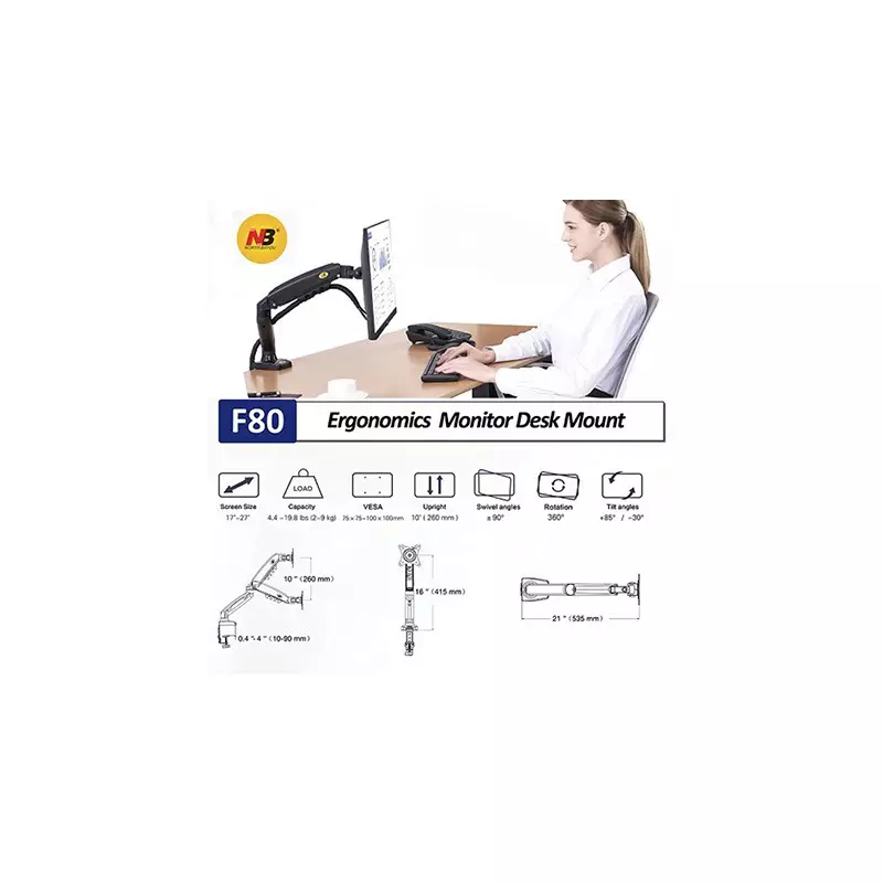 North Bayou F80 Single Gas Spring Monitor Desk Mount Stand-2