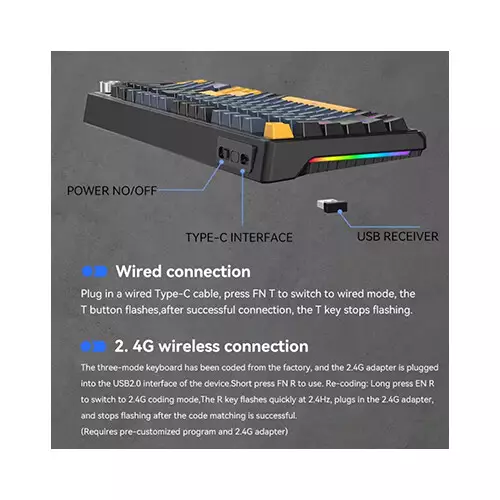 T-WOLF T78 RGB Tri Mode Red Switch Mechanical Gaming Keyboard (Black)-gallery-2