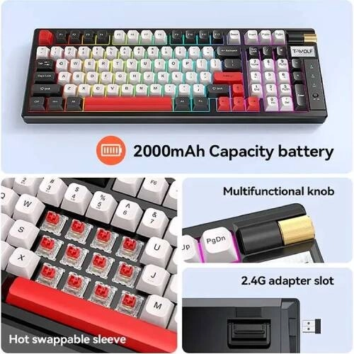T-Wolf T70 RGB Tri Mode Mechanical Keyboard - Black & White + Red - 2