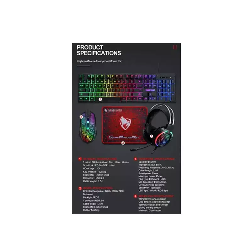 T-WOLF TF400 GAMING KEYBOARD MOUSE HEADSET MOUSE PAD 4 IN 1 COMBO-5