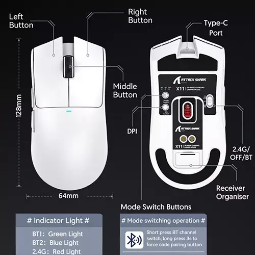 Attack Shark X11 22000 DPI Tri-Mode Gaming Mouse with RGB Charging DOCK (White)-gallery-4