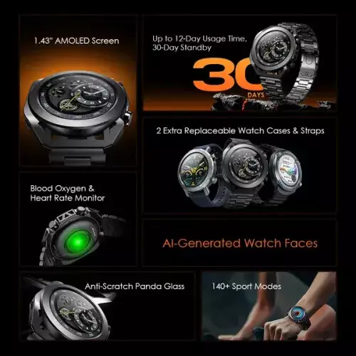 Oraimo OSW-851H Watch Pro X 1.43" Amoled IP68 SmartWatch (Black) - 3