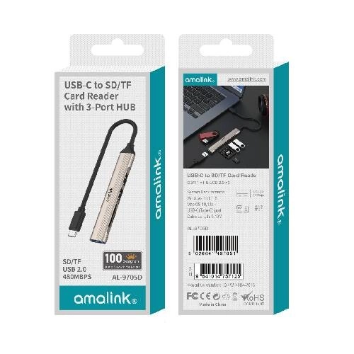Amalink AL-9705D USB-C 2.0 Card Reader with 3-Port HUB - 1